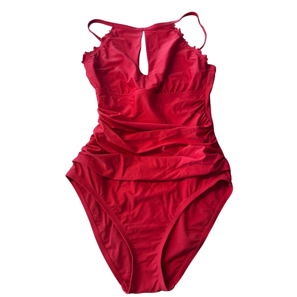 Ellen Tracy Womens Red Ruched High Halter Neck Keyhole One Piece Swimsuit Size 8